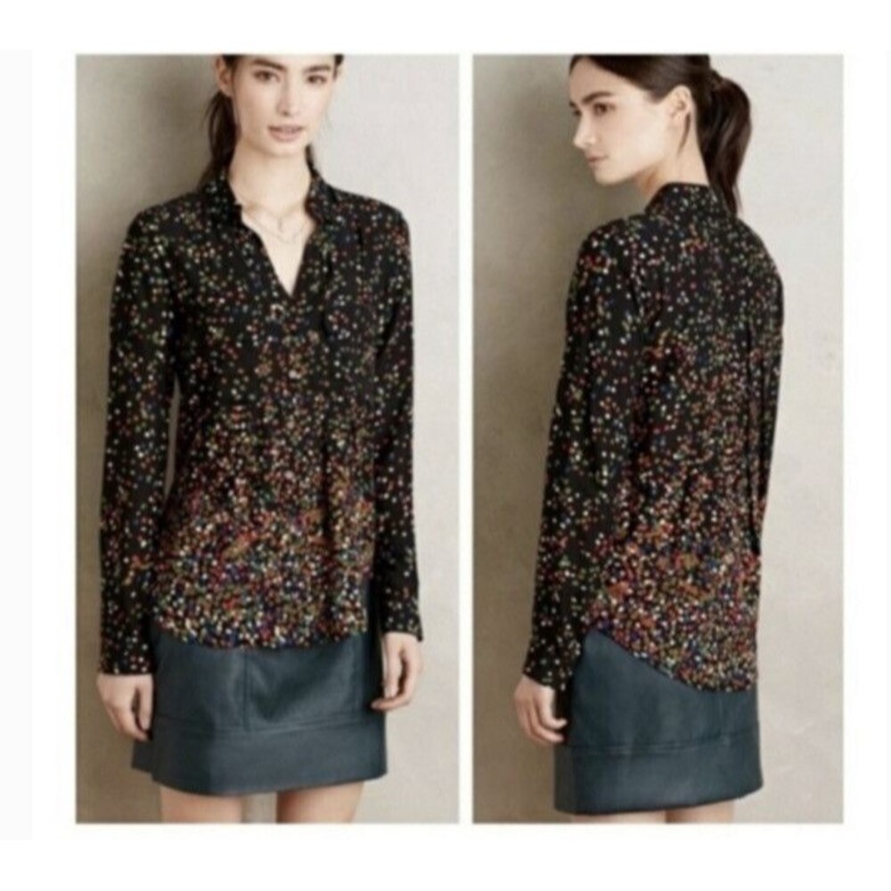 Anthropologie Black / Multi Maeve Wynwood Dot Print Button Up Blouse Top Sz 4